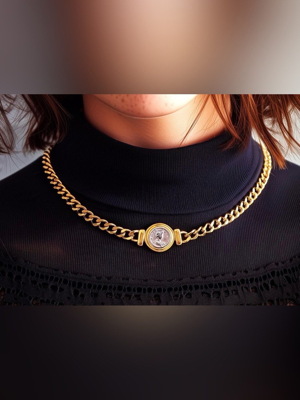 Gold Tone Coin Link Necklace with Green Enamel Accents